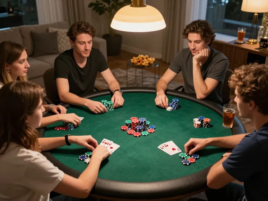 Casual poker night with friends engaging in strategic gameplay and vibrant betting actions, featuring slot pulsa.