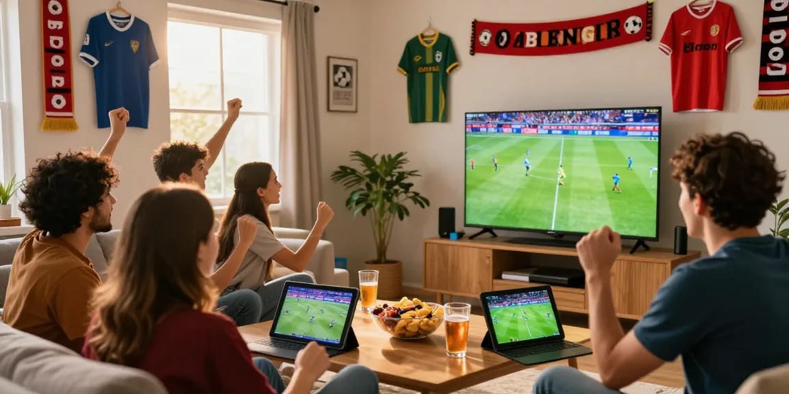 Exciting moment at Kèo Bóng Đá Hôm Nay with friends cheering for football while checking live betting odds.