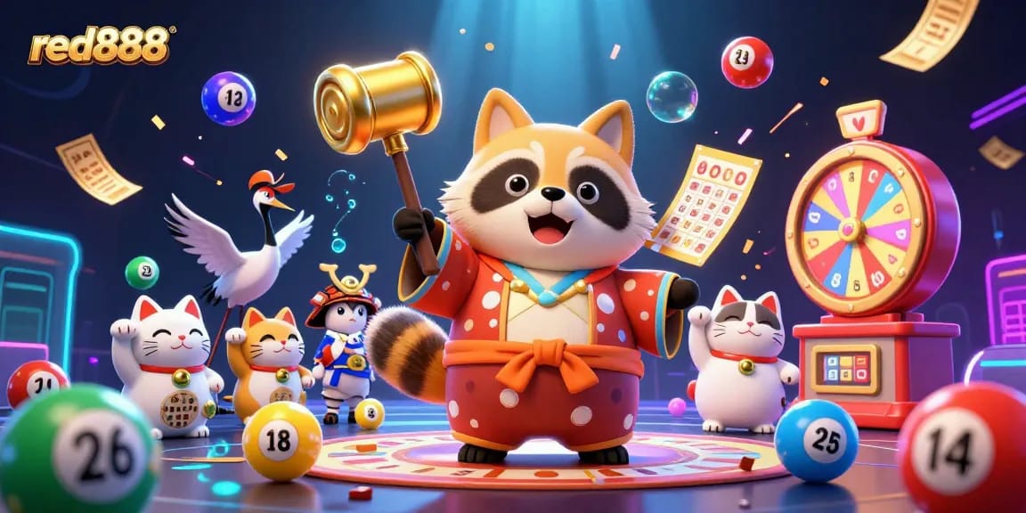 Engaging 3D illustration showcasing red888 with a cheerful tanuki, lucky mallet, and vibrant lottery scene.