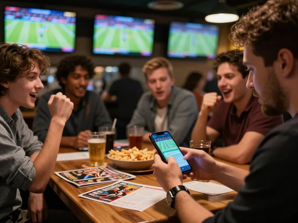 Bongdalu users engaging in sports betting with mobile app at a lively sports bar