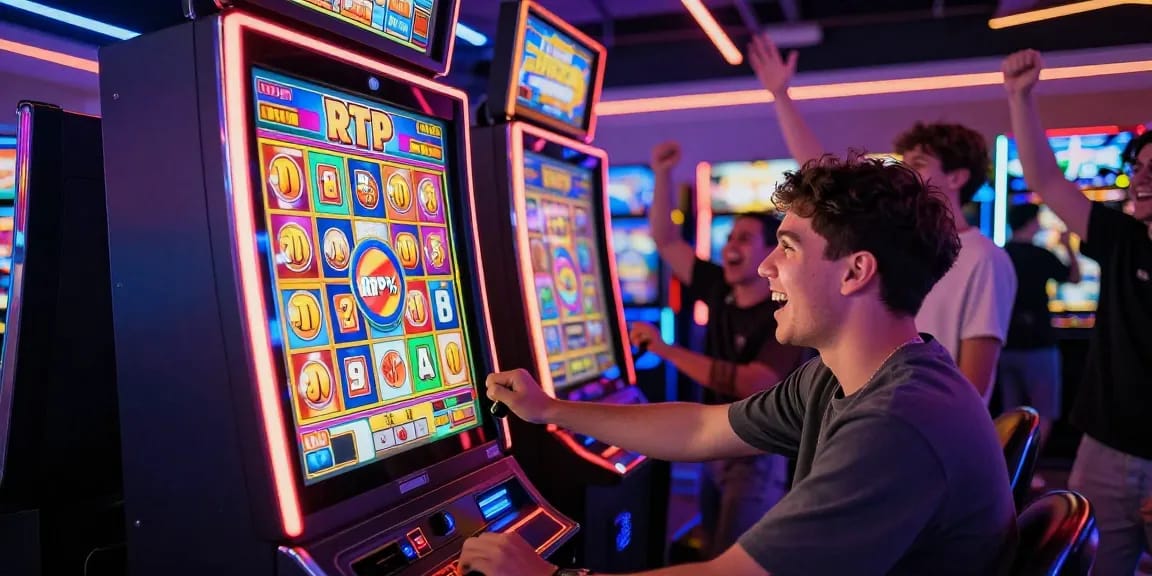 RTP slot online menampilkan pemain bersemangat dengan mesin slot penuh warna, suasana arcade yang meriah.