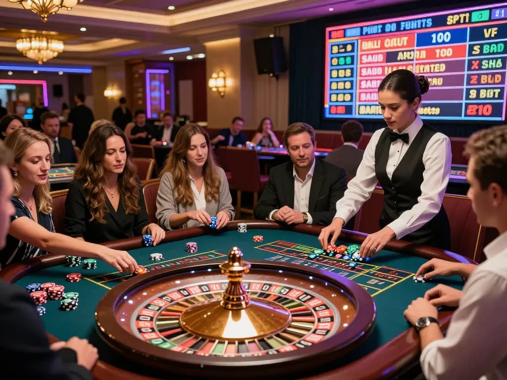 Muraibet players placing bets at an elegant roulette table in a lively casino environment.