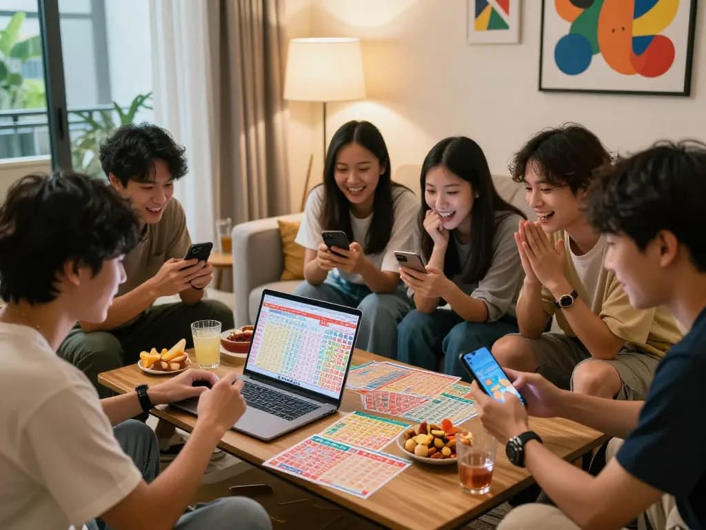 Friends eagerly checking Hongkong Lotto results together in a cozy living room.