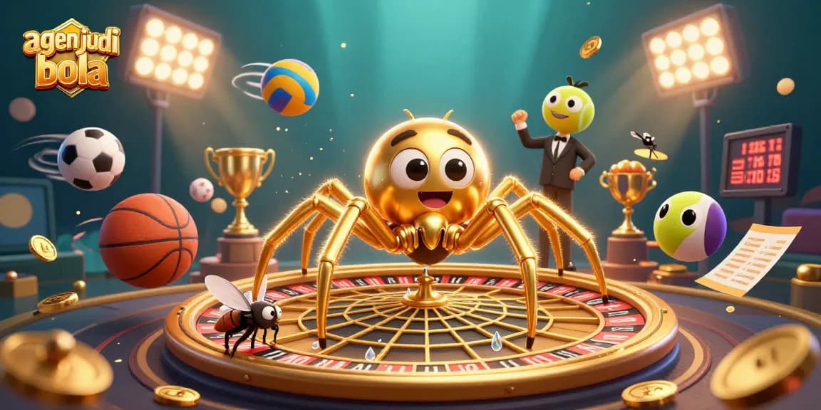 Experience thrilling bets with agen judi bola as a golden spider spins a roulette web under stadium lights.