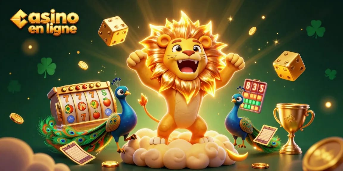 Casino en ligne : illustration dynamique du lion soleil et des dés géants sur un fond scintillant.