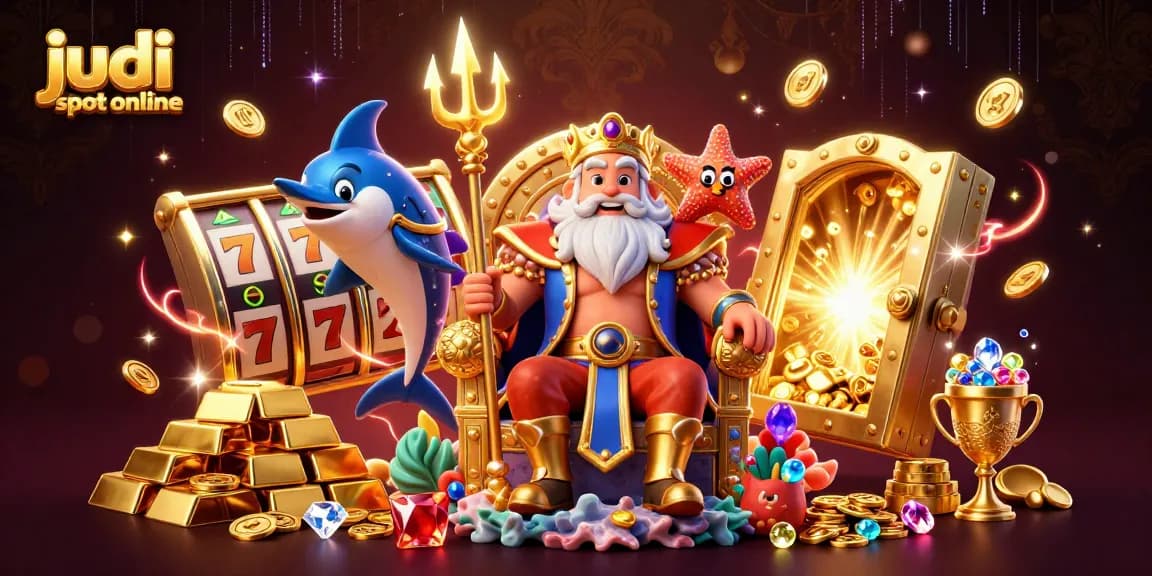 Menampilkan judi slot online dengan karakter Raja Neptunus dan elemen slot berkilau dalam ilustrasi 3D yang detail.