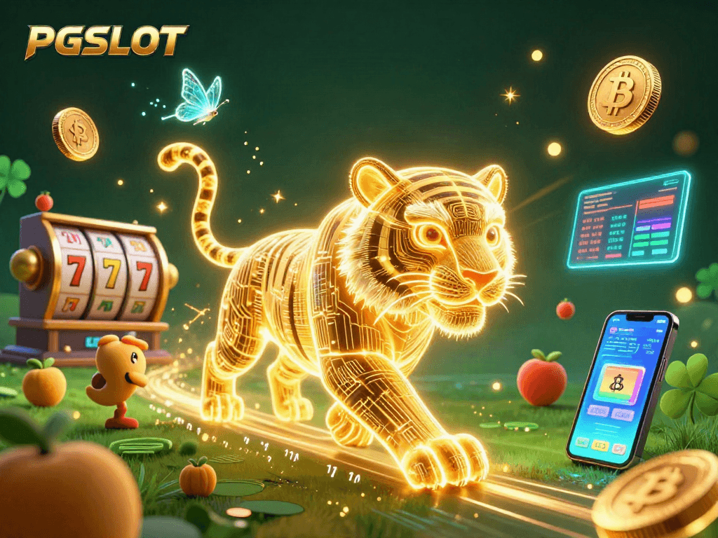 Engage in PG SLOT gaming with a vibrant scene featuring neon characters and slot reels.