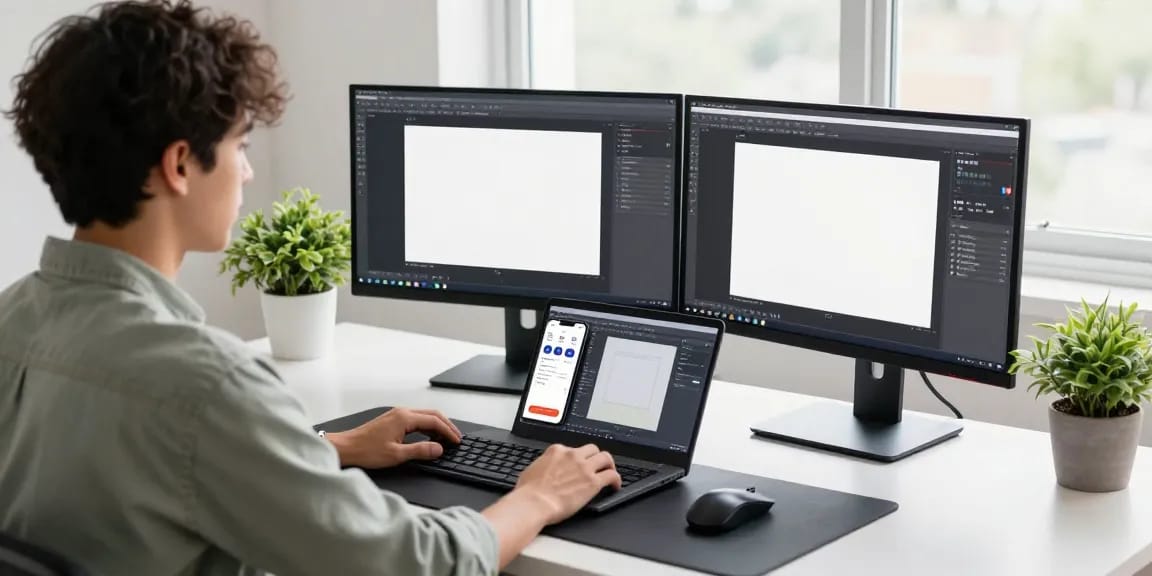 Screenshot software download scene with a developer at a modern desk, highlighting 截图软件下载 for increased productivity and design.