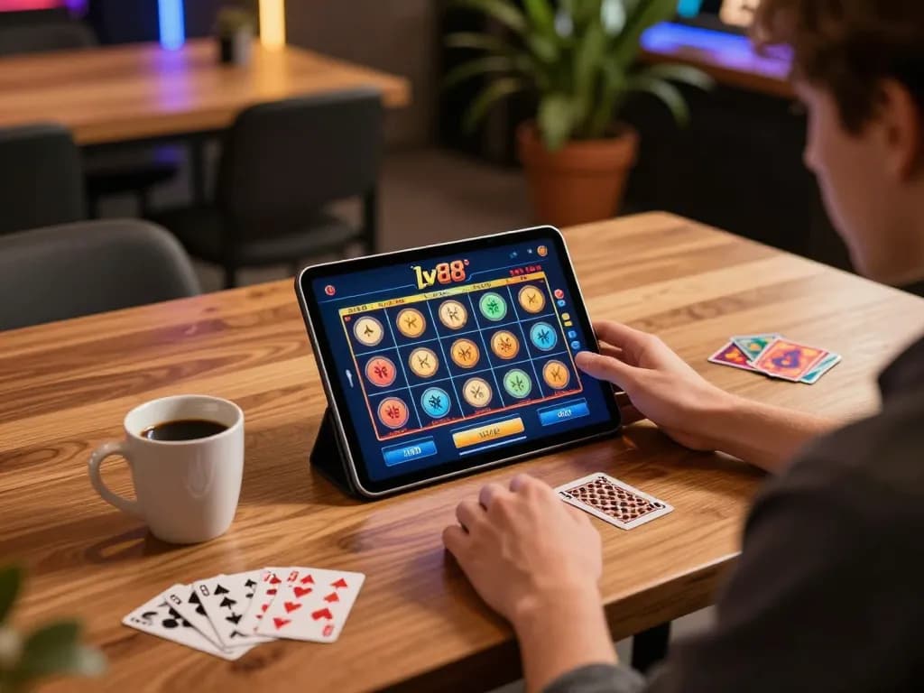 Engaging player using lv88 slot interface on tablet in a cozy home gaming setup