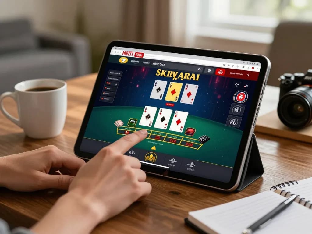 Engage with onbet on a tablet for blackjack, cozy home scene with strategic elements.