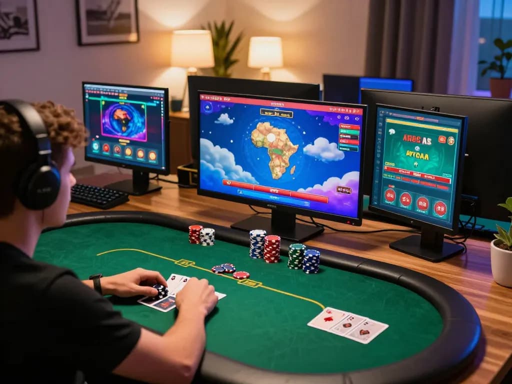 Engaged player using cloud-africa platform for online poker in a cozy gaming setup