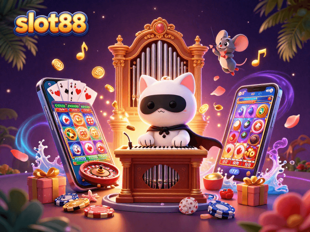 Experience thrilling slot88 gameplay with vibrant graphics and dynamic casino elements in this 3D illustration.