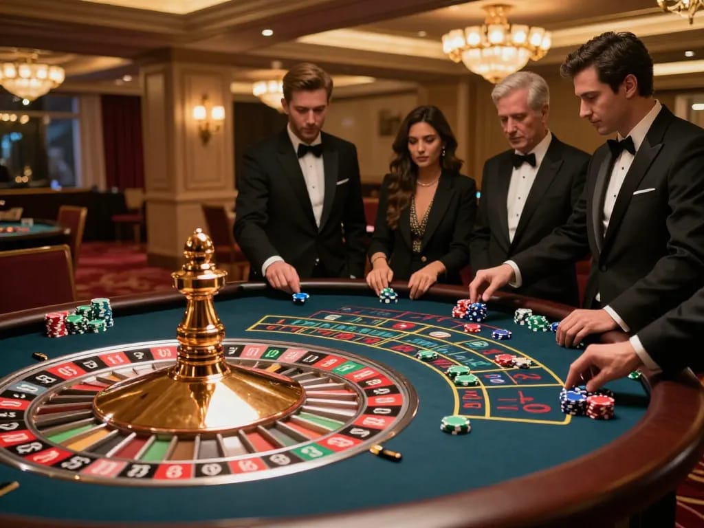 Players engaging in roulette gameplay at 388bet casino, vibrant chips and spinning wheel emphasize excitement.