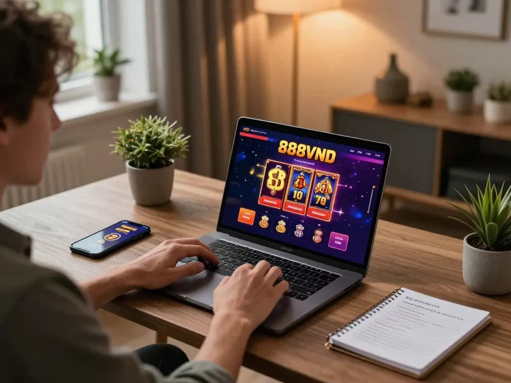 Player engaged in online gambling on 888vnd platform with strategic notes beside a laptop.