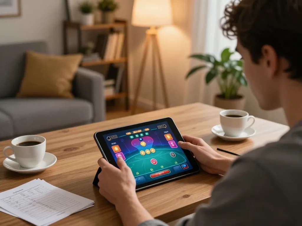 Player enjoying an engaging poker game on rokok88 app from a cozy home setup with tablet and notes.
