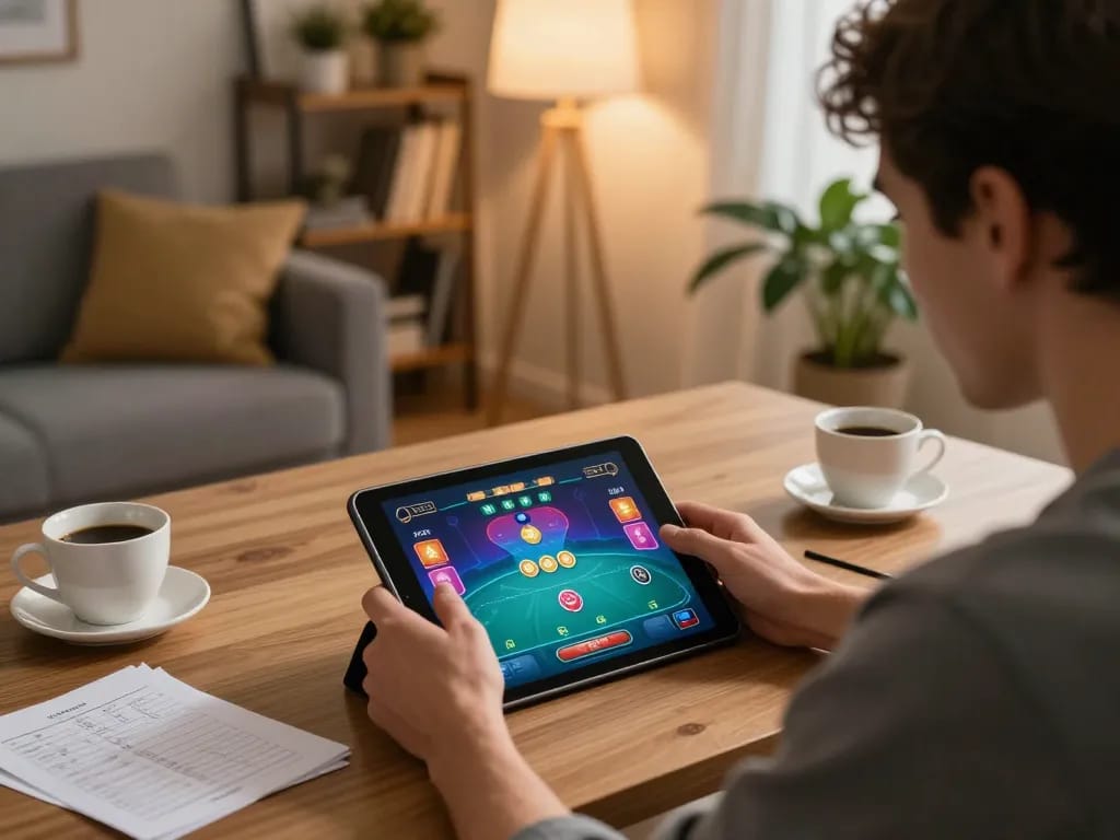 Player enjoying an engaging poker game on rokok88 app from a cozy home setup with tablet and notes.