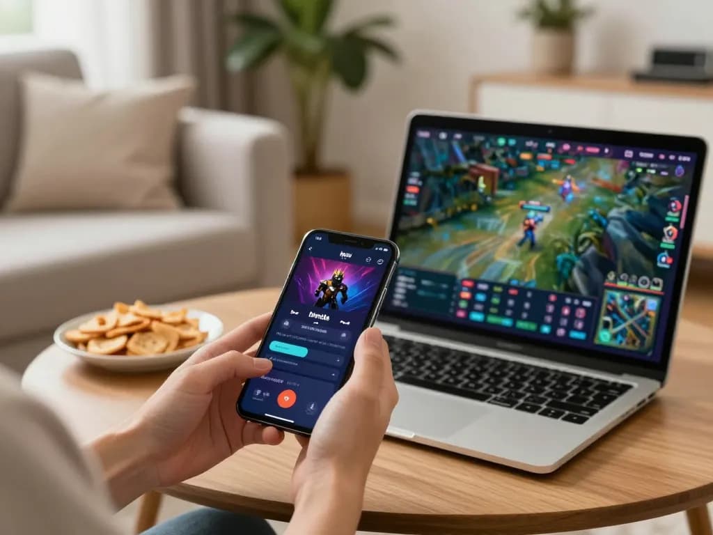 Engaged in esports betting Singapore using mobile app in a cozy living room setting