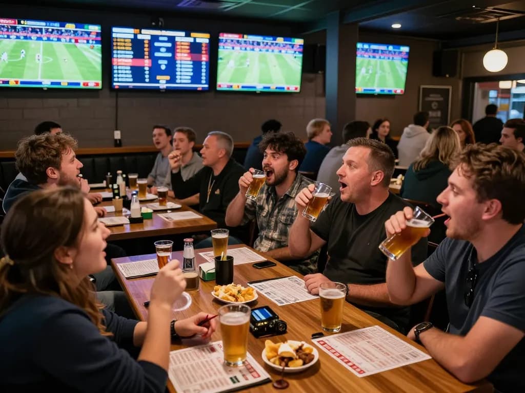 Go8 sports betting patrons cheering as they engage with live matches on screens.