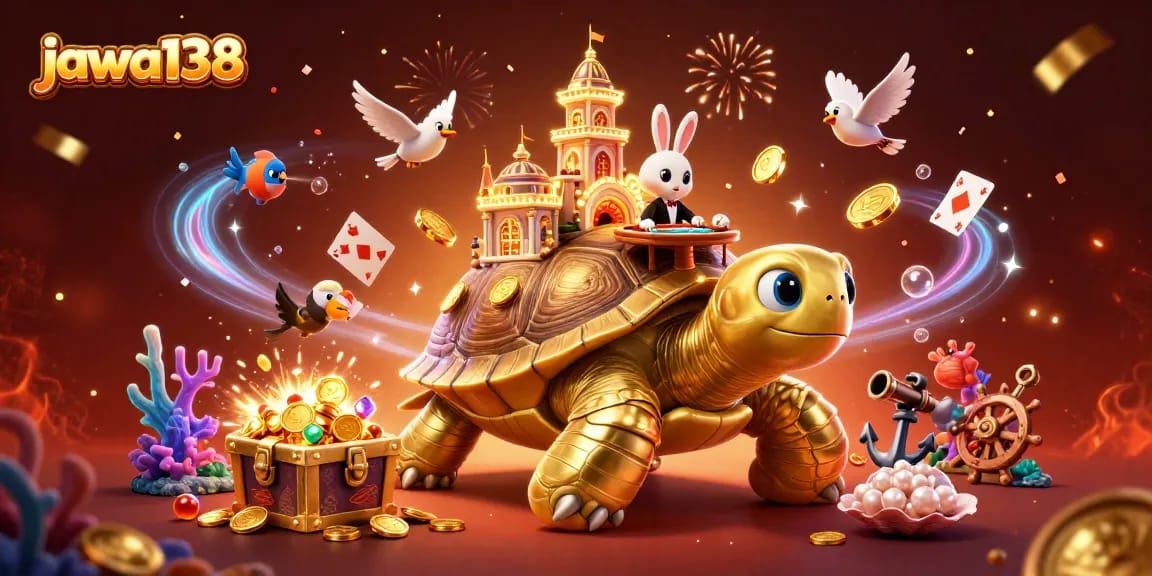 Gambaran 3D jawa138 yang menampilkan kuno emas raksasa dengan miniatur kasino dan dealer kelinci
