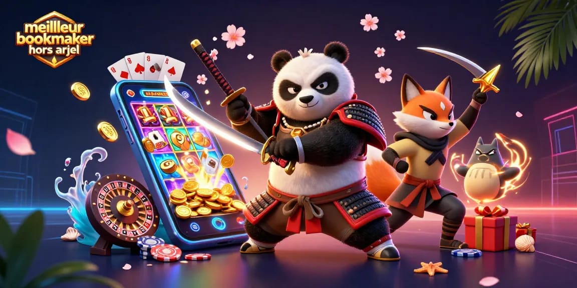 Découvrez le meilleur bookmaker hors arjel avec un panda samouraï en pleine action et un renard ninja aux shurikens dorés.