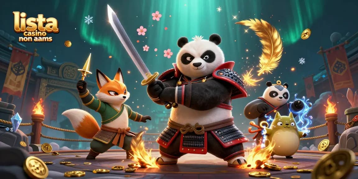 Illustrazione coinvolgente con personaggi dinamici che rappresentano la lista casino non aams con panda samurai, volpe ninja e tanuki magico.