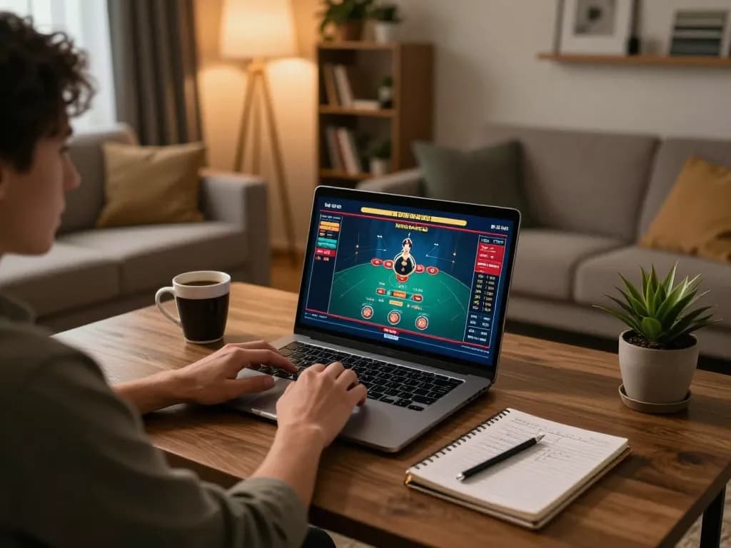 Engaged in Đăng Nhập FB88 on a laptop, experiencing online gambling in a cozy home setting.
