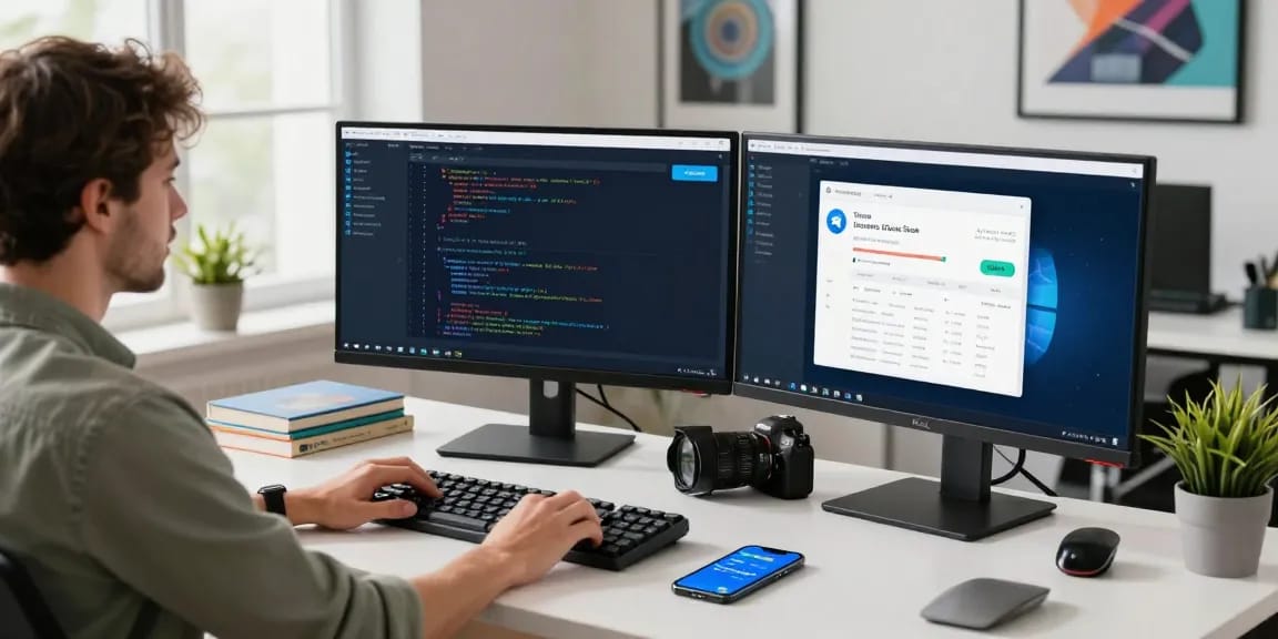 Developer using 纸飞机中文版 Telegram app in a modern tech workspace.