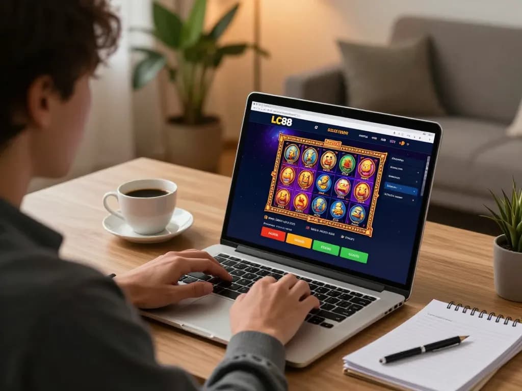 Engaging in online gaming at LC88 bet đăng nhập with vibrant slot games displayed on a laptop screen.