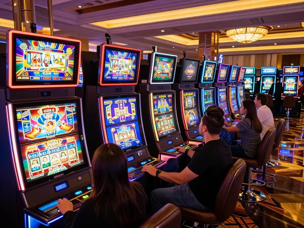 Players enjoying slot depo 4k machines with vibrant displays in an upscale casino.