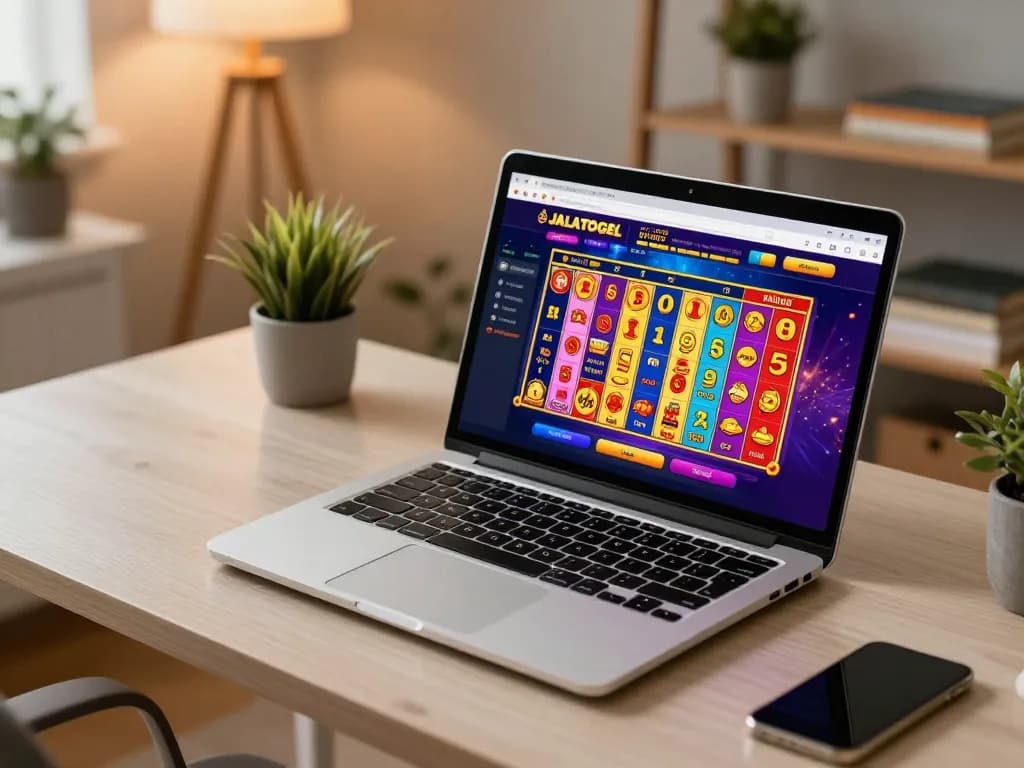 Pengaturan permainan yang menarik yang menunjukkan gameplay lotere online Jalatogel di laptop yang stylish.