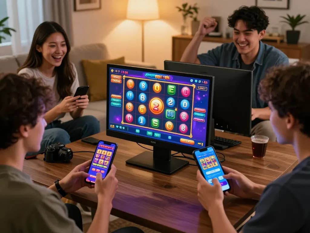 Exciting online gaming environment with players enjoying slot qris games on their devices in a lively home setting.