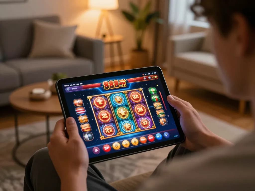 The player explores exciting slot games on the 888new platform in a cozy gaming setup.
