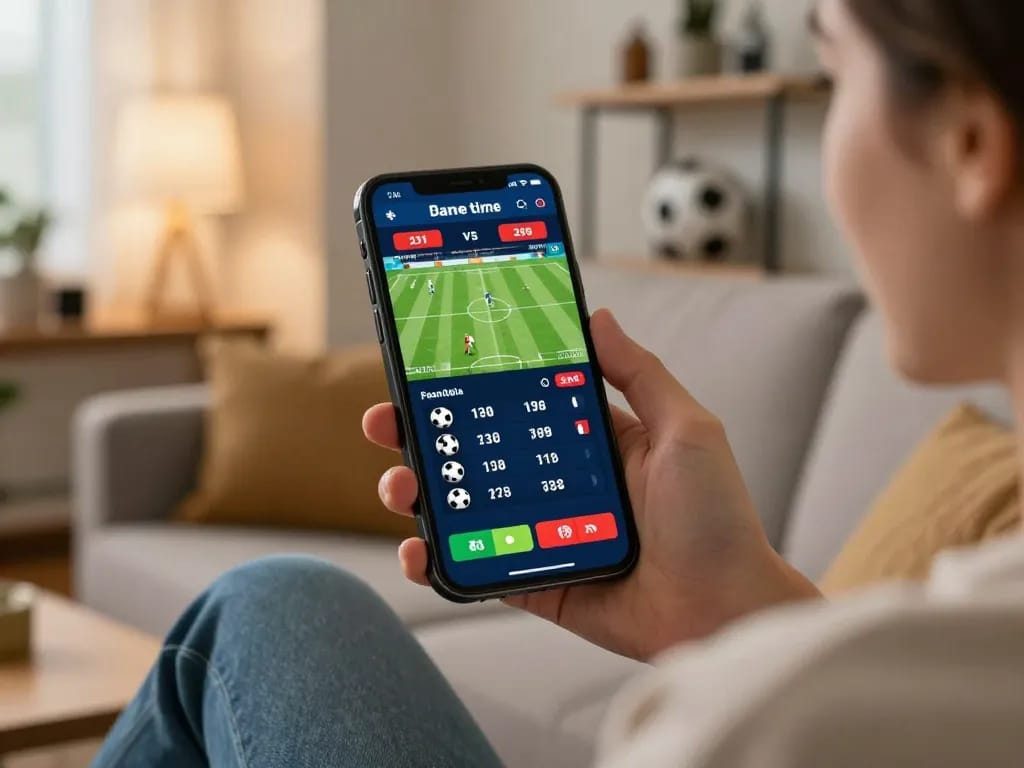 Engaging sports betting experience on hargatoto viewed on a smartphone in a cozy living room setting.
