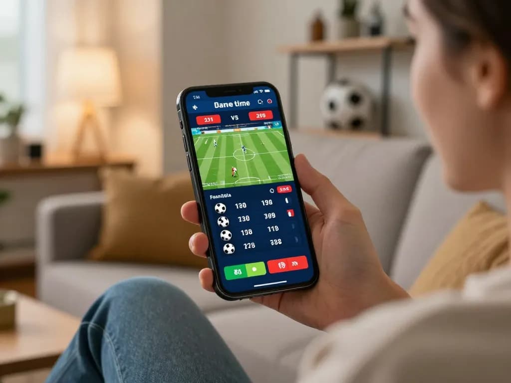 Engaging sports betting experience on hargatoto viewed on a smartphone in a cozy living room setting.