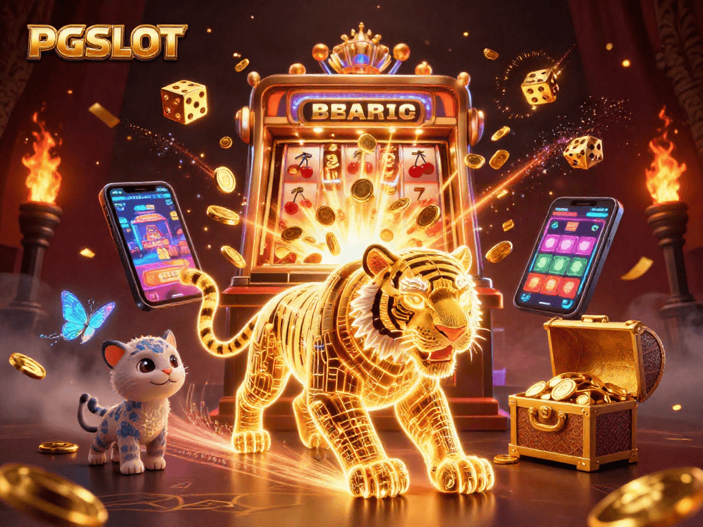 Engage with PG SLOT's vibrant digital casino world showcasing slot machines, neon tiger, and holographic elements.