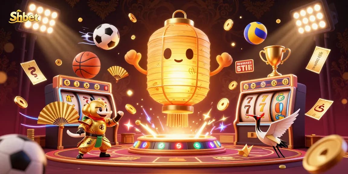 Experience thrills at Shbet with golden lantern spirits and dynamic slot reels in a vibrant casino setting.