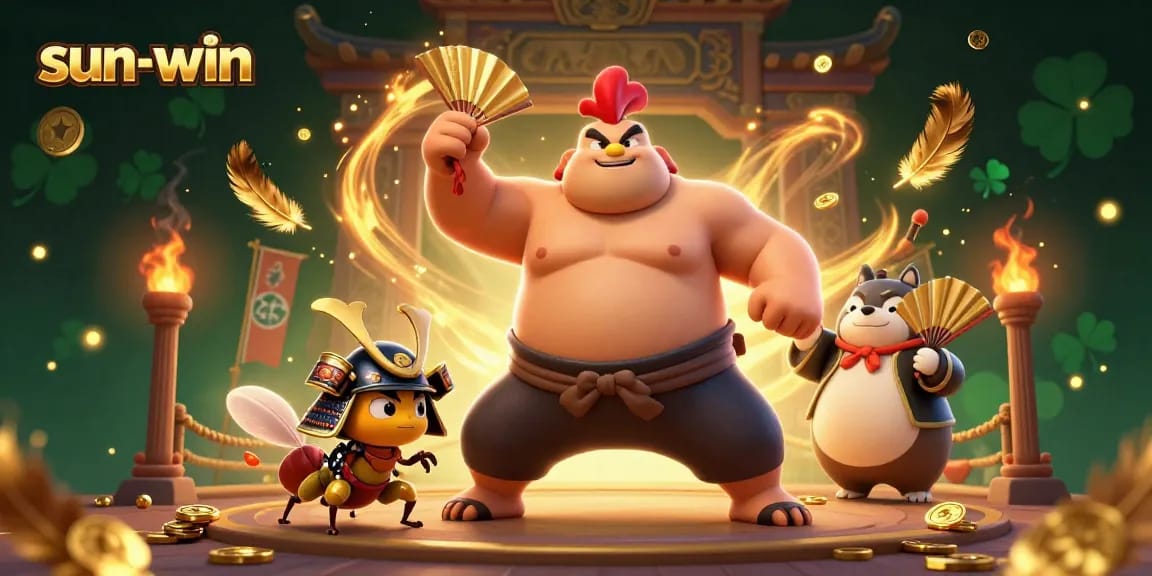 Sparkling action at the sun-win casino featuring a powerful sumo wrestler, fierce cricket, and tanuki announcer.