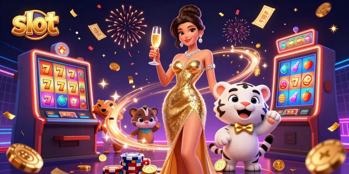 Spin and win at the slot machines with vibrant colorful reels and a lucky tiger in the spotlight.