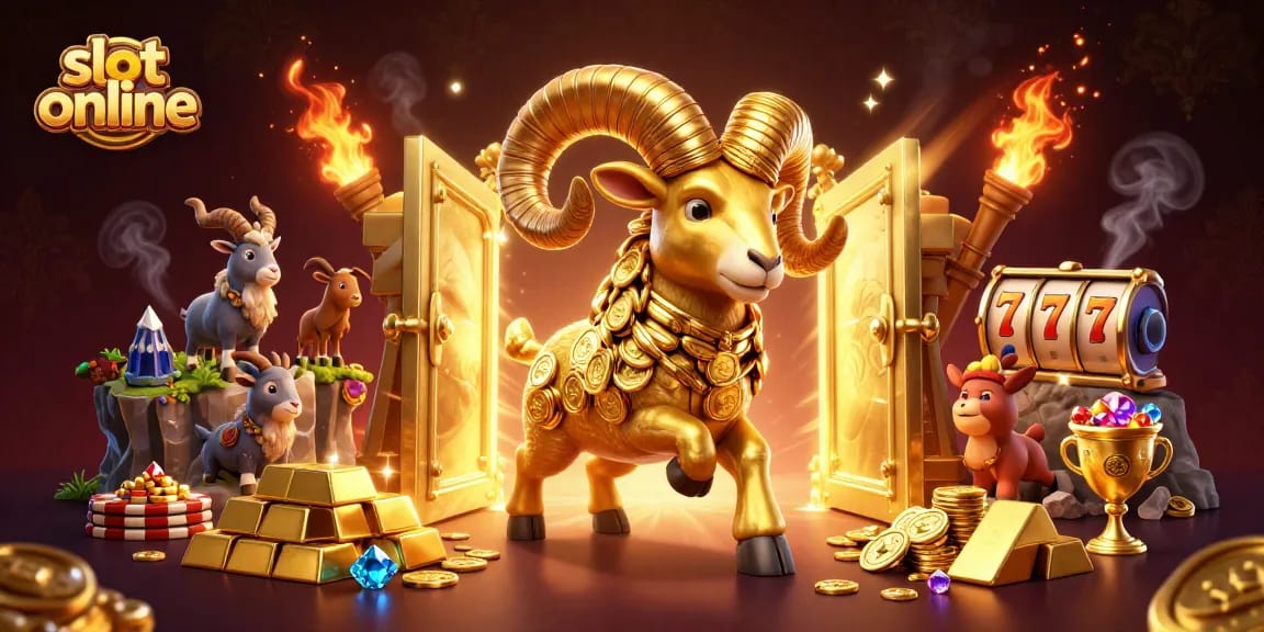 Memenangkan jackpot di slot online dengan ilustrasi gembira, dikelilingi oleh harta emas dan simbol keberuntungan.