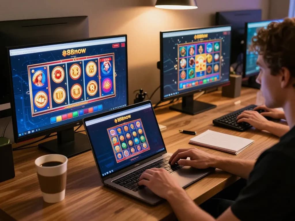 Player enjoying a strategic game session on 888now's gaming platform in a cozy home setup.
