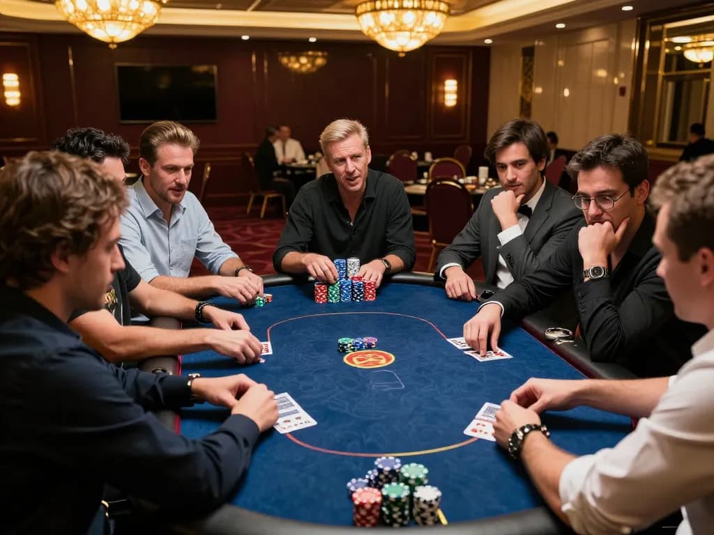 Trận đấu poker căng thẳng với những người chơi tại sòng bạc sang trọng với m88 không bị chặn; môi trường cạnh tranh và không khí ánh sáng phong phú