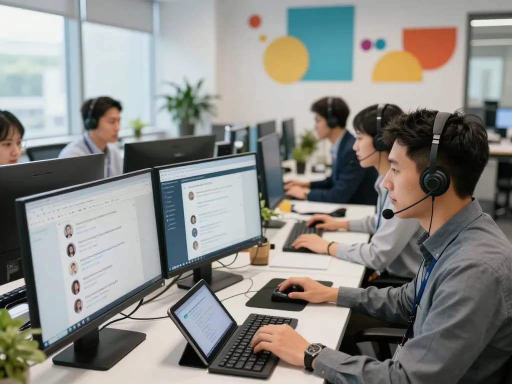 团队在生动的办公室环境中使用易翻译进行双语客户支持和实时翻译。
