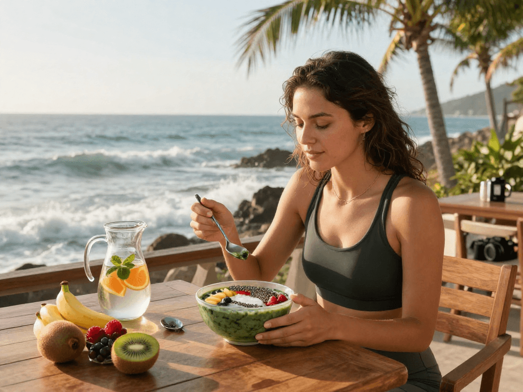 Healthy smoothie bowl with microalgae astaxanthin on sunny terrace, surrounded by fresh fruits and ocean view.