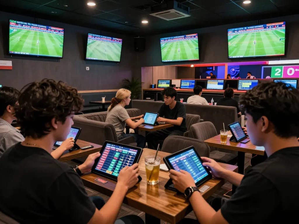 Engaging scene of bettors analyzing odds on keonhacaii88 in a lively sports lounge