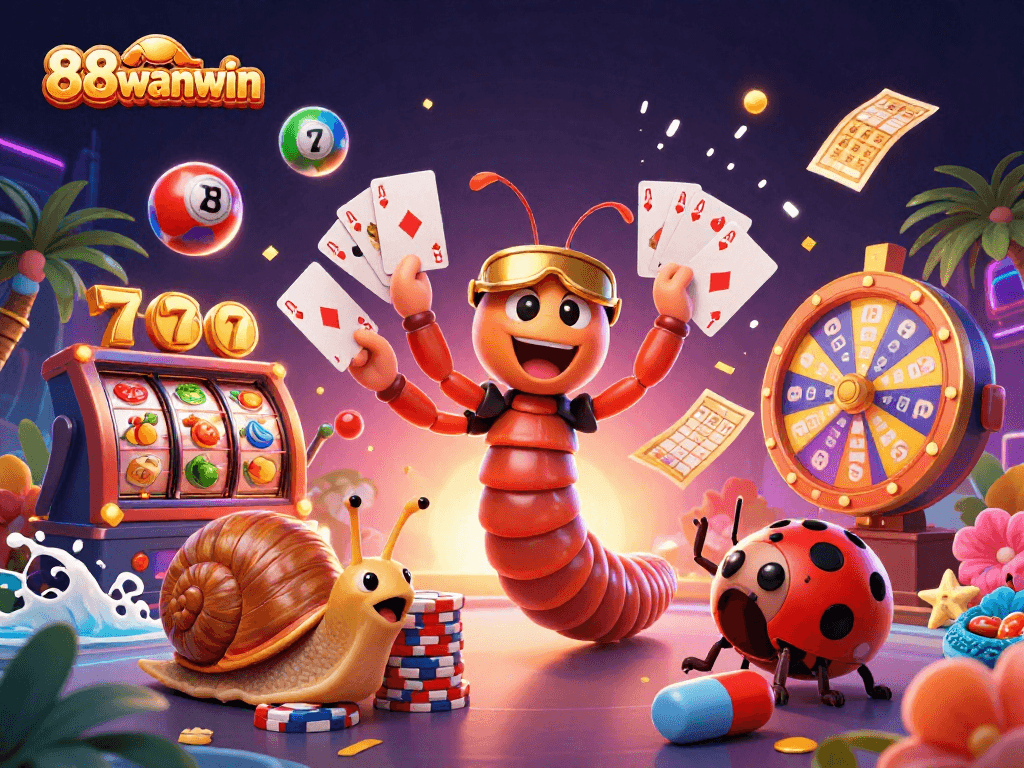Engage with 88wanwin's lively casino scene featuring a millipede dealer, high-roller snail, and bursting lottery elements.