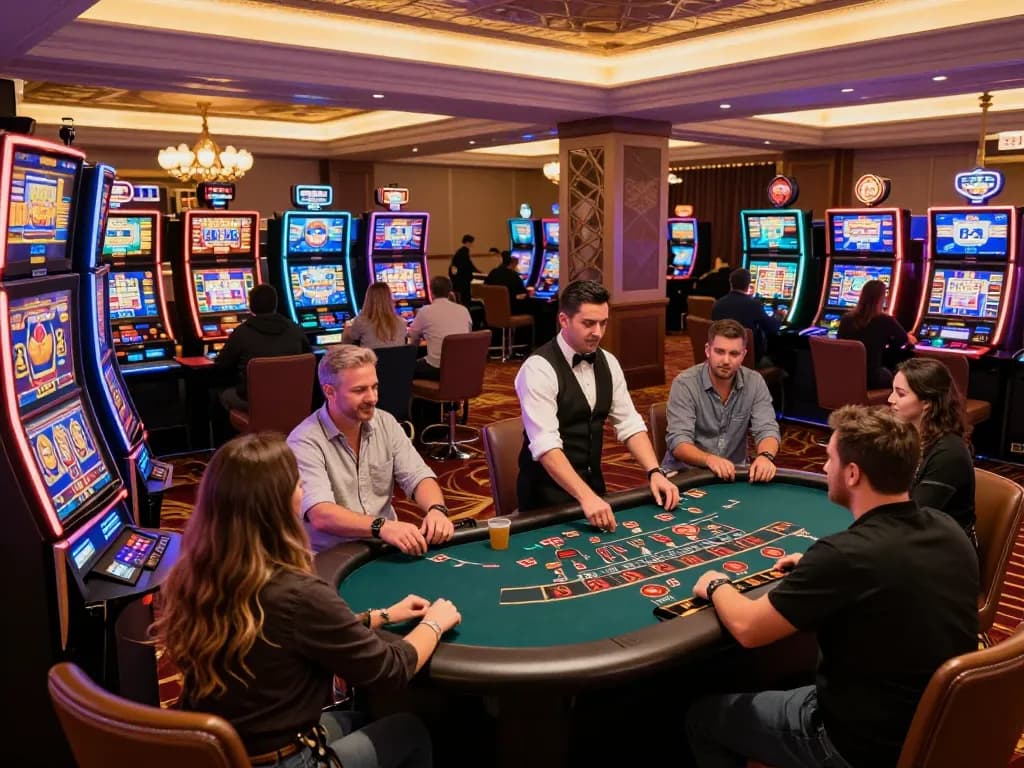 Players enjoying a thrilling gaming experience at TG88 casino with vibrant slot machines and blackjack tables