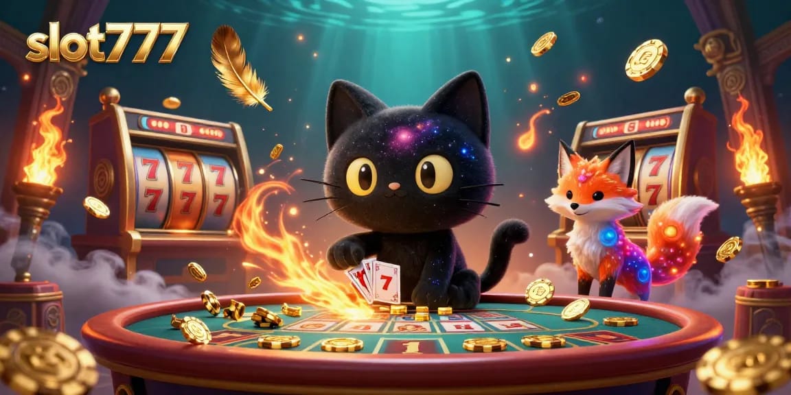 Engage with slot777’s vibrant slot scene featuring a black hole cat and nebula fox in action.