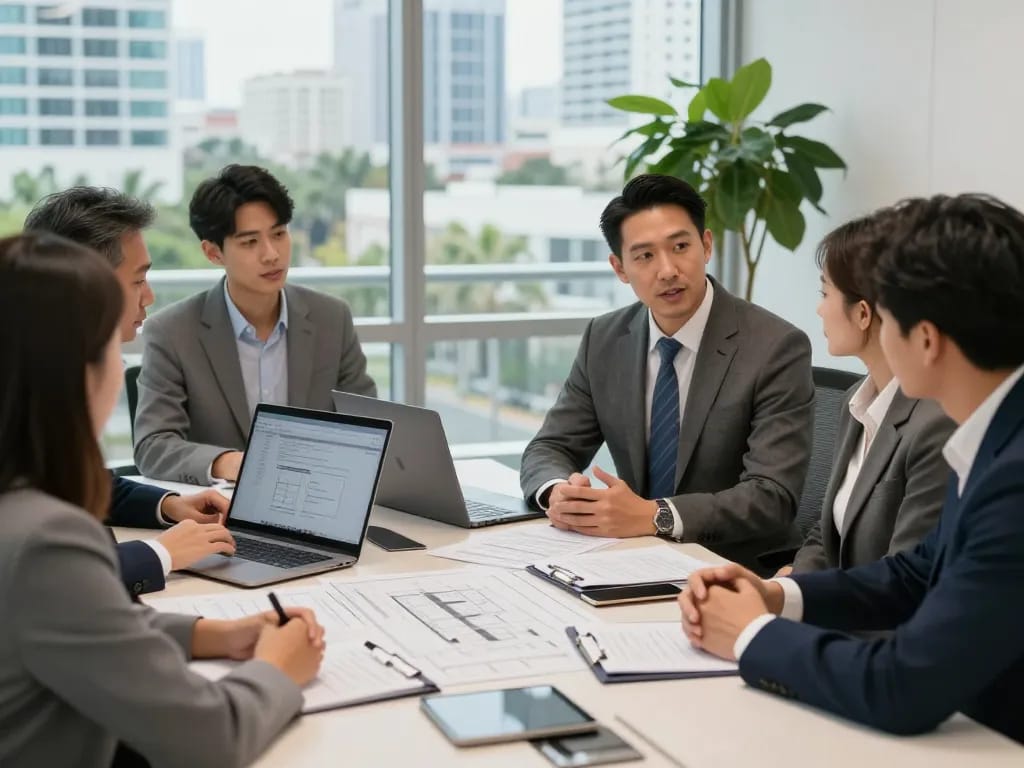Boca Raton Construction Litigation Lawyer consulting contractors on legal strategies and project documents in a modern office.
