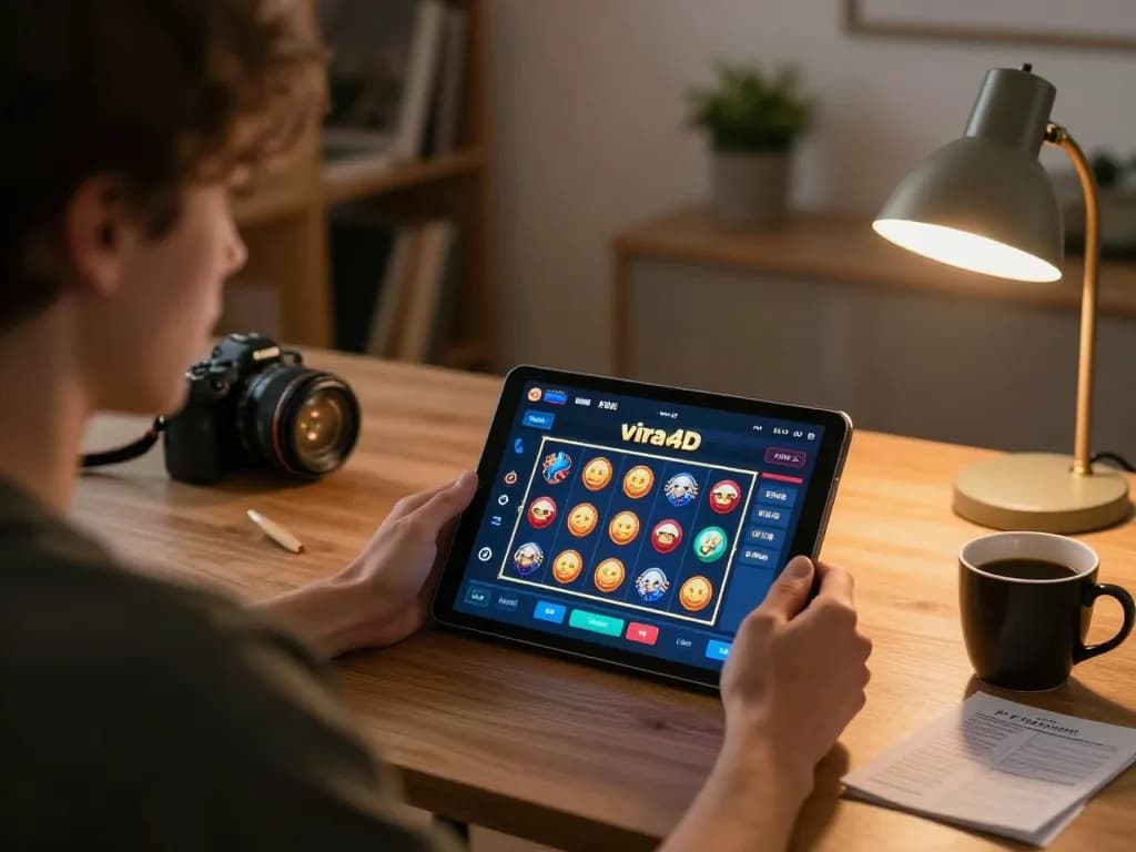 Engaged player using viral4d tablet app, highlighting strategic online gaming in a cozy home setting.