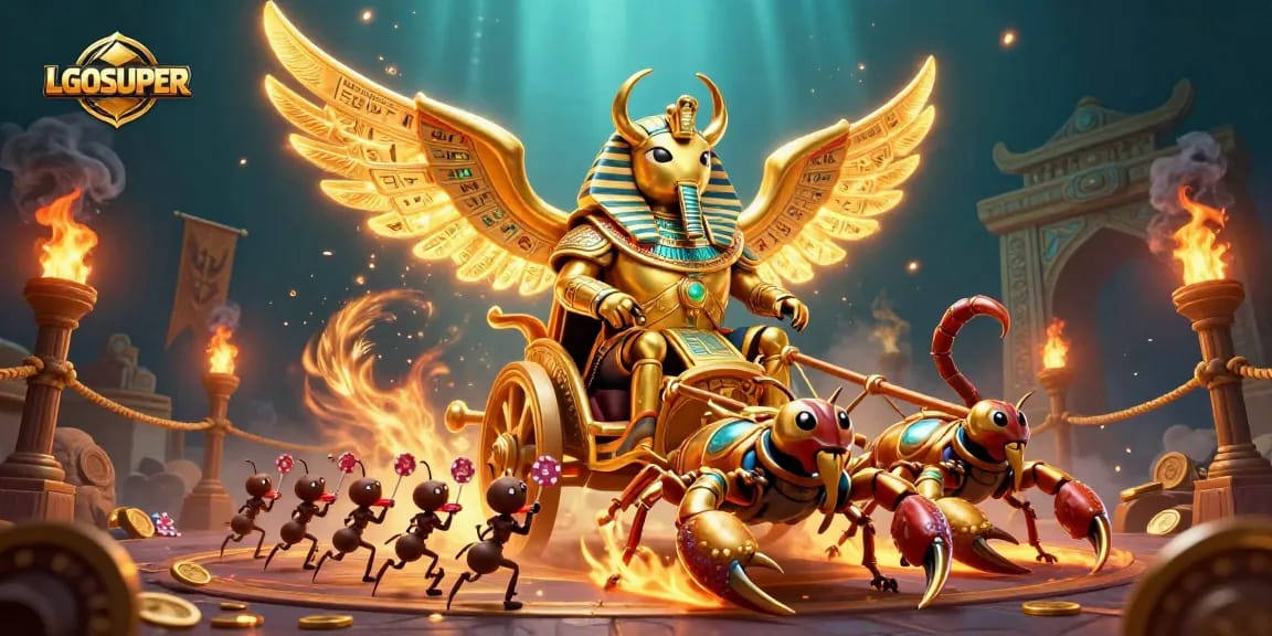 Experience excitement with LGOSUPER's vivid 3D illustration of a golden scarab in casino action.